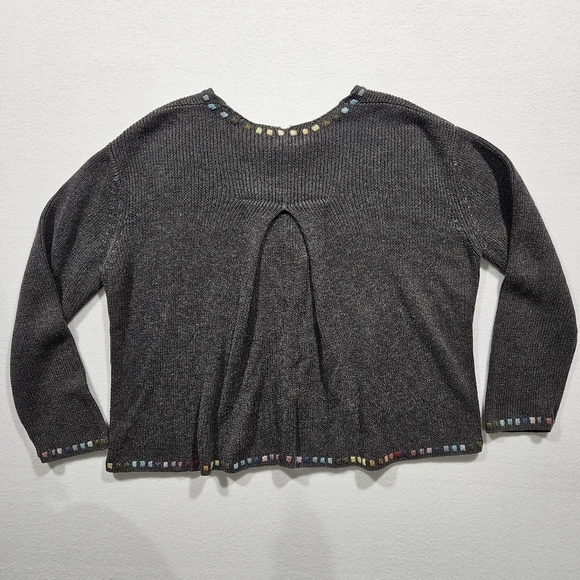 J Jill Cardigan Sweater XSP Petite Embroidered Gray Rainbow Long Sleeve Ramie - Picture 6 of 11